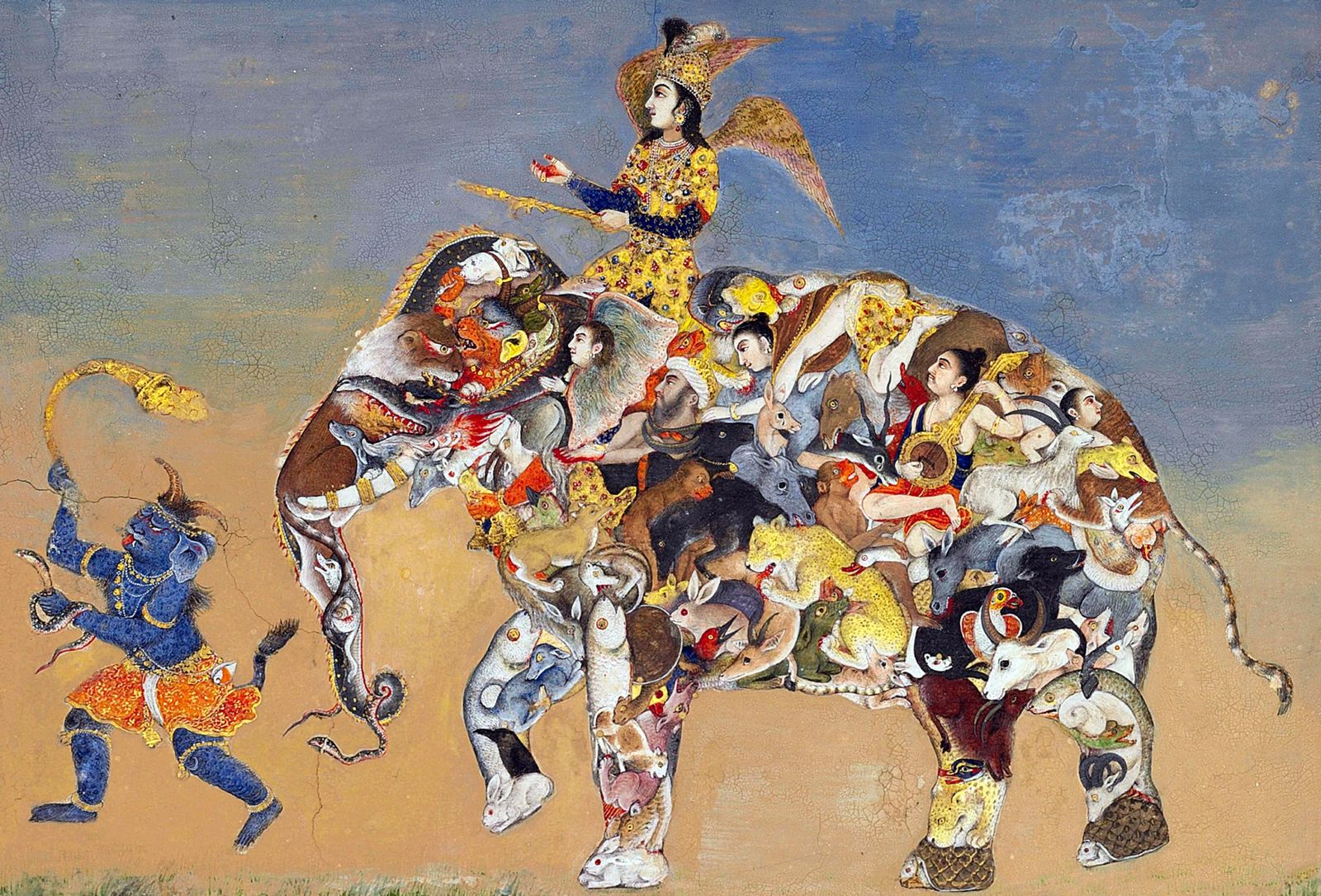 Mughal miniature — an elephant composed of animals, a symbol of India's layered civilizational complexity